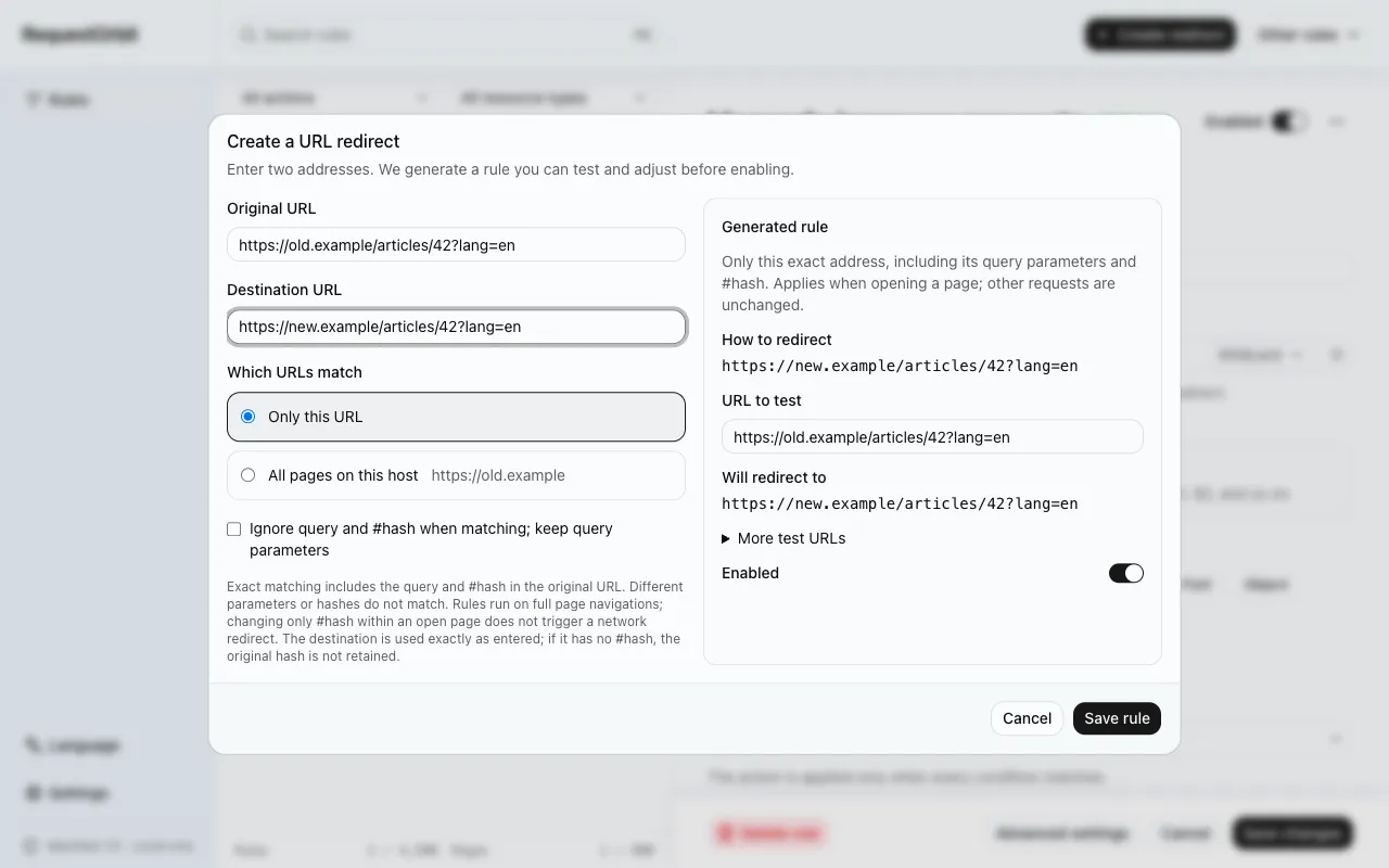 RequestOrbit redirect builder with original and destination URLs, exact scope and live preview