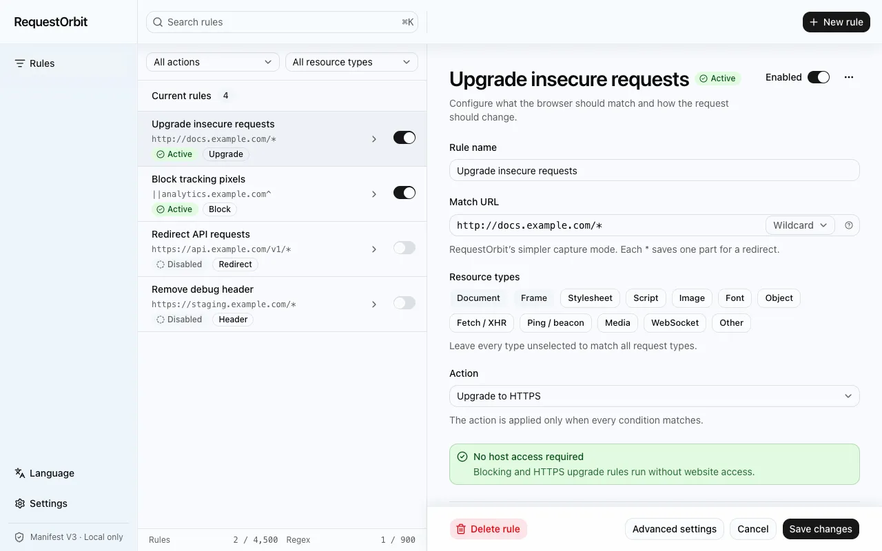 RequestOrbit rule manager showing a redirect rule